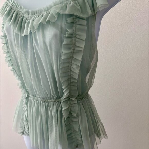 H & M Top 12 Mesh Peplum Green Ruffle Tulle Romantic Cottagecore Victorian Fairy - Picture 7 of 13